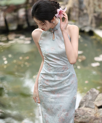 Cheongsam con scollo all'americana color oliva