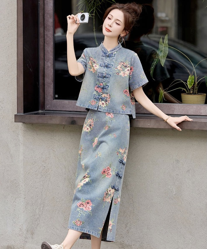 Elowen Garden Denim Cheongsam Set
