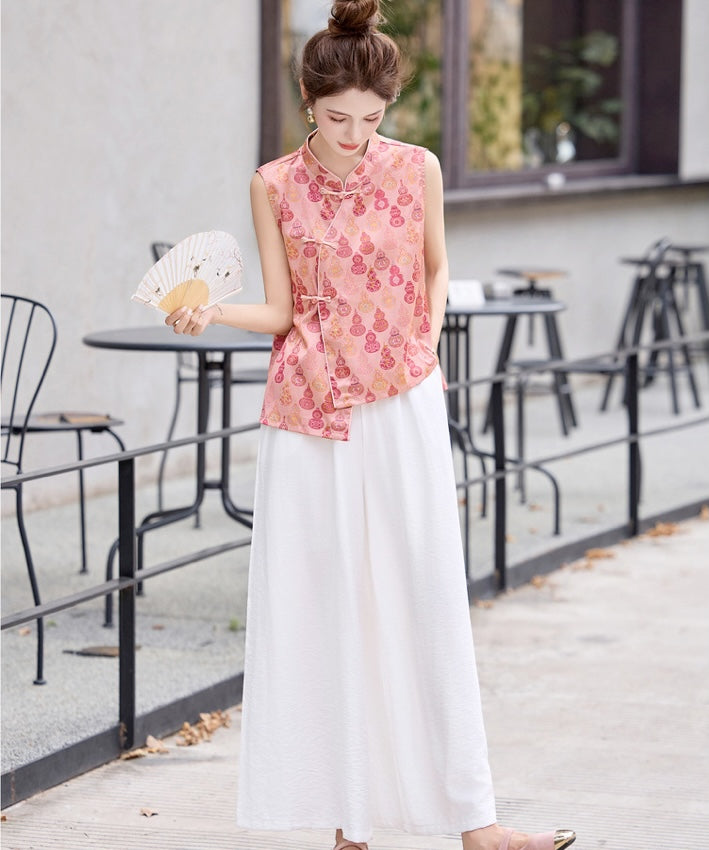 Porcelain Glow Mandarin Cheongsam Top Bottom Set