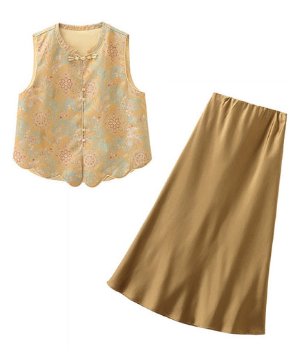 Ensemble gilet et jupe cheongsam Aurelia Gold