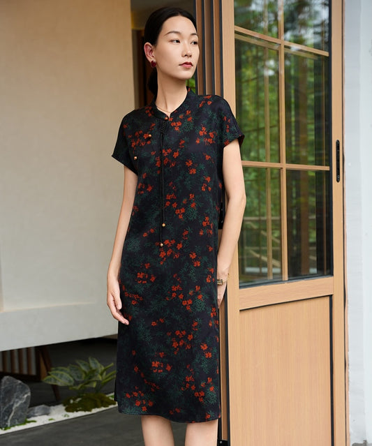 Noir Blossom Silk Cheongsam