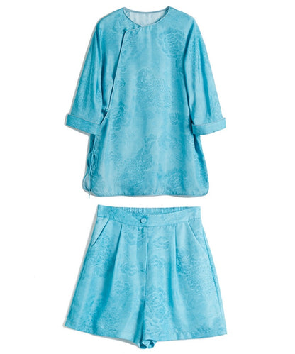 Lake Blue Wrap Top Silk Cheongsam Set