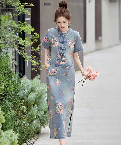 Elowen Garden Denim Cheongsam Set