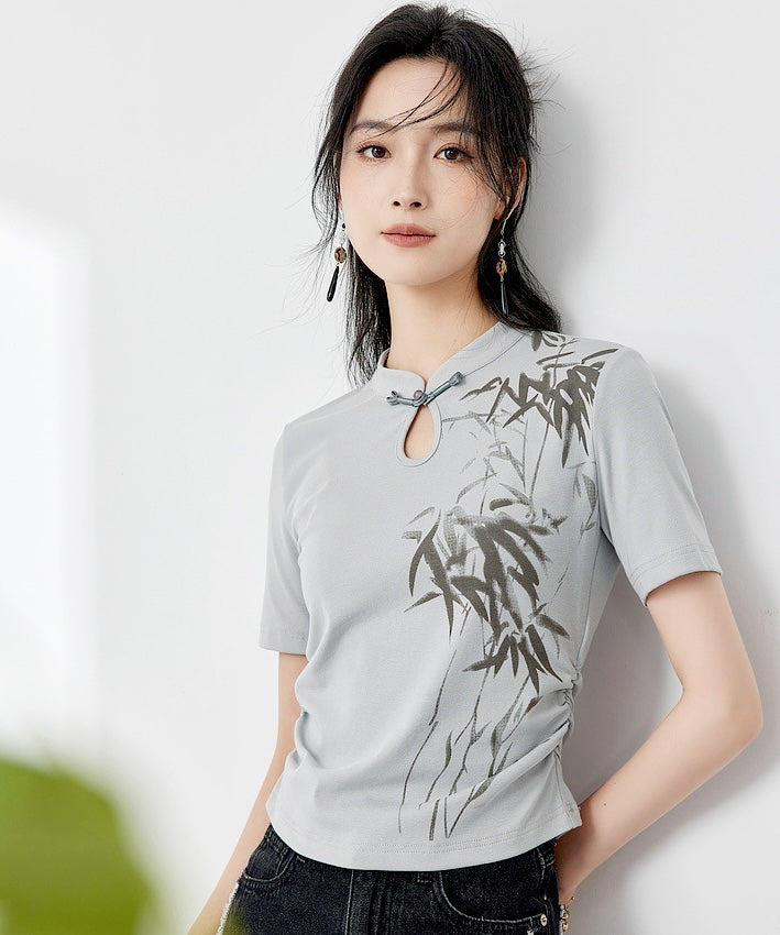 Bamboo Paint Stroke Grey Cheongsam Tee