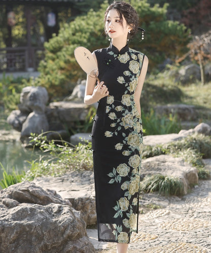 Cream Rose Sleeveless Maxi Cheongsam