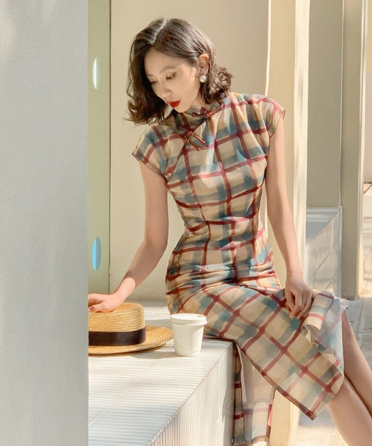 Charis Checkered Maxi Cheongsam