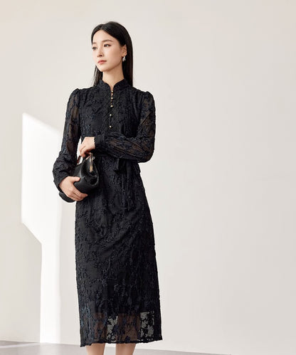 refined black belted sheath dress with mandarin collar Refined Black Belted Sheath Dress with Mandarin Collar
