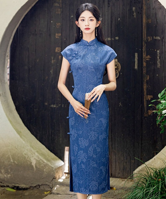 Heye Blue Jacquard Cheongsam