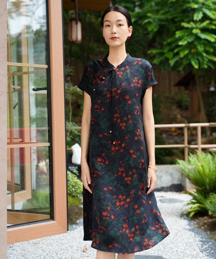 Noir Blossom Silk Cheongsam