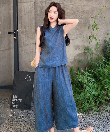 Blue Brocade Oriental Top & Wide-Leg Pants Set