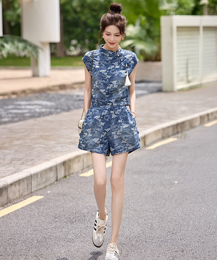 Celina Cheongsam Denim Top and Shorts Set
