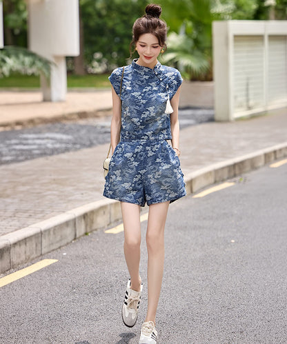 Celina Cheongsam Denim Top and Shorts Set