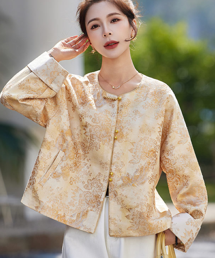 Veste qipao en jacquard floral sauge argentée