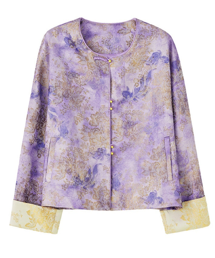 Veste qipao en jacquard floral sauge argentée