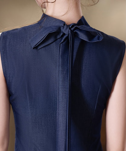 Navy Blue Bow Collar Modern Cheongsam