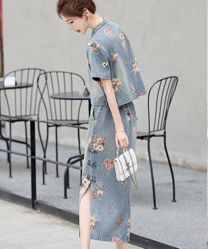 Elowen Garden Denim Cheongsam Set