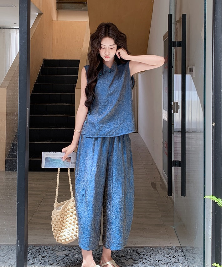 Blue Brocade Oriental Top & Wide-Leg Pants Set