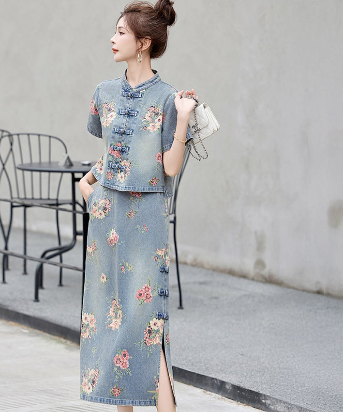 Elowen Garden Denim Cheongsam Set