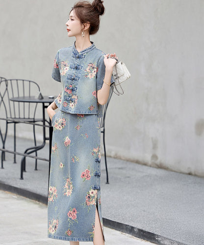 Elowen Garden Denim Cheongsam Set
