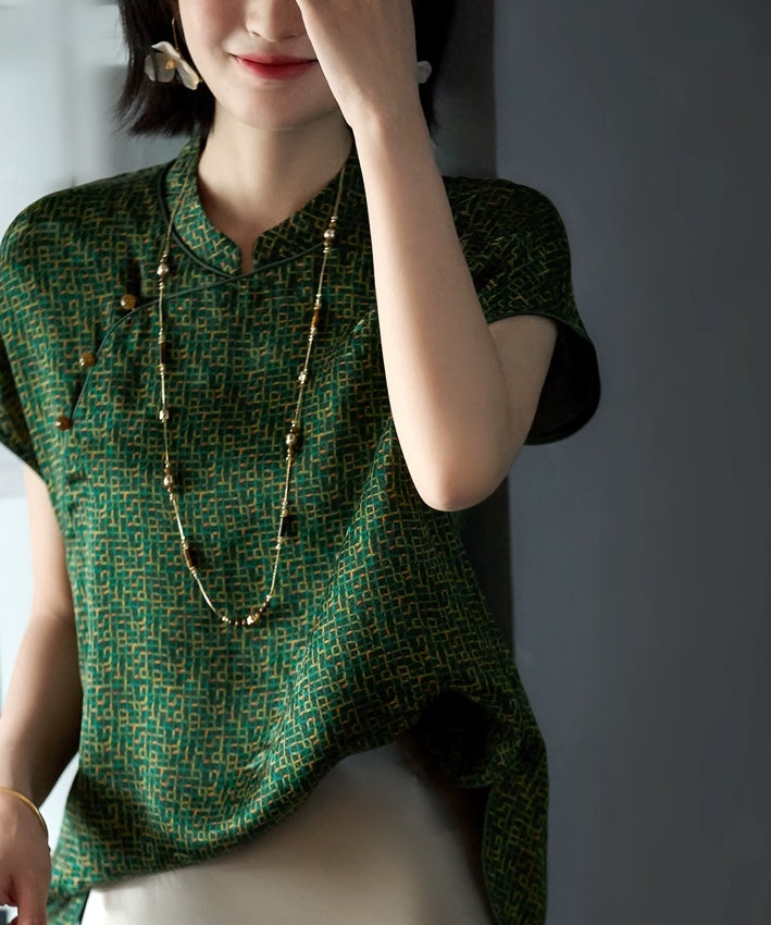 Emerald Geometric Cheongsam Silk Top