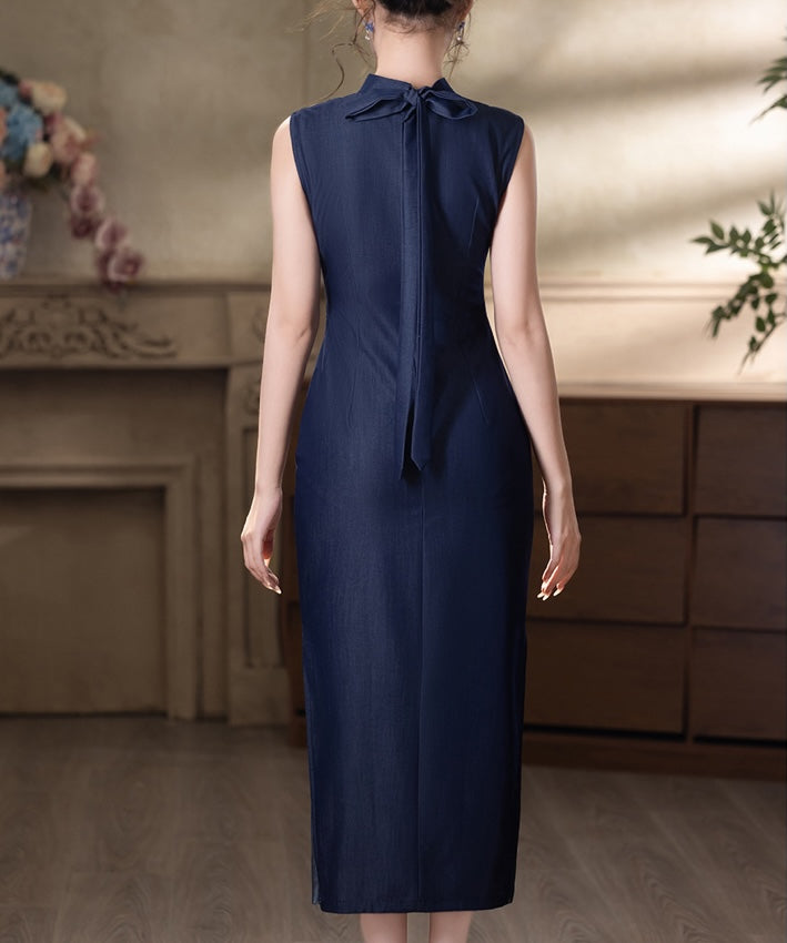 Navy Blue Bow Collar Modern Cheongsam