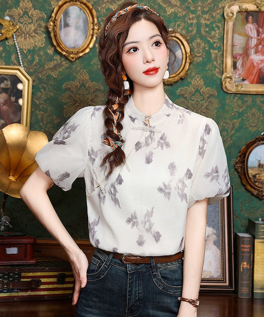 Heather Rose-Print Cheongsam Top