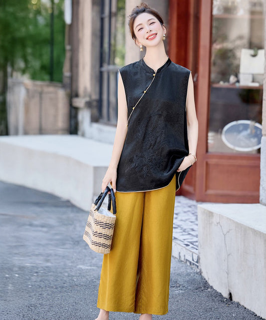 Maya Black Jacquard Oriental Vest Pants Set