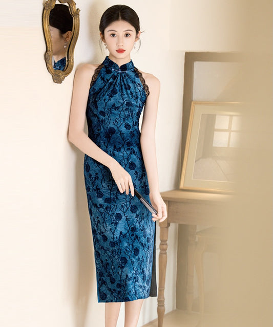 Lace Trimmed Blue Cheongsam