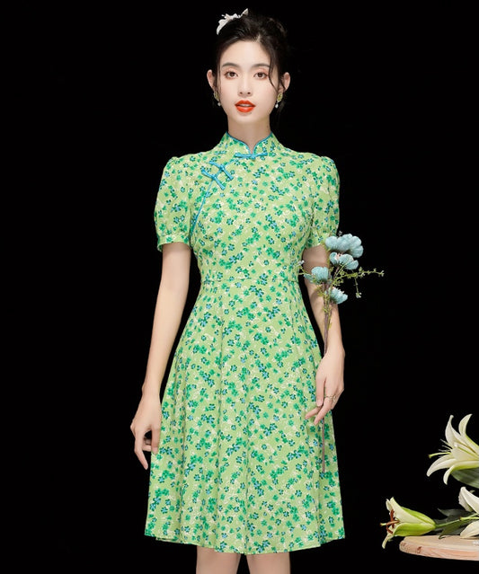 Chiffon Floral Puff Sleeve Cheongsam