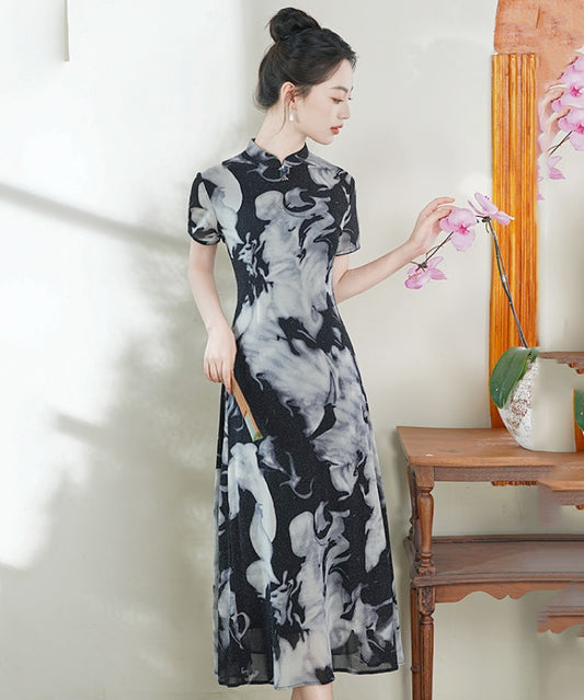 Jessie Marble-Print Cheongsam