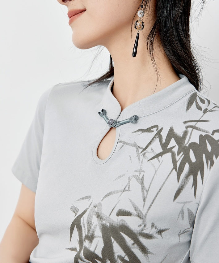 Bamboo Paint Stroke Grey Cheongsam Tee