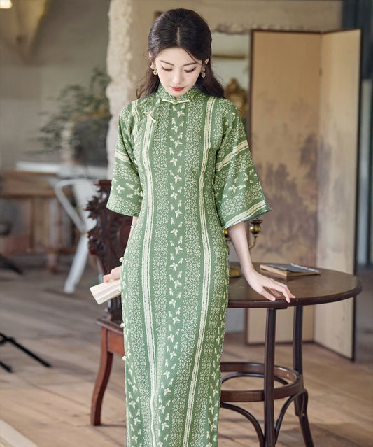 Yahui Autumn Mid-Sleeve Green Cheongsam