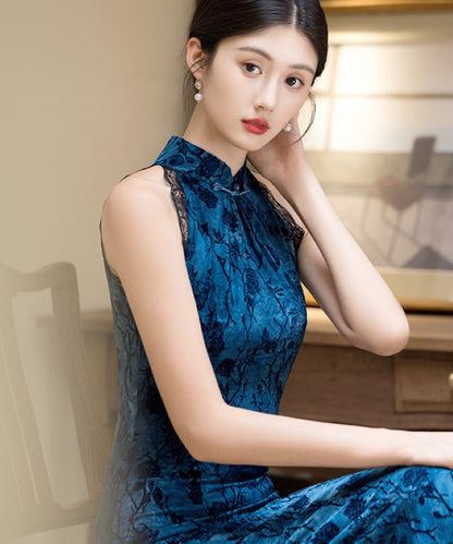 Lace Trimmed Blue Cheongsam