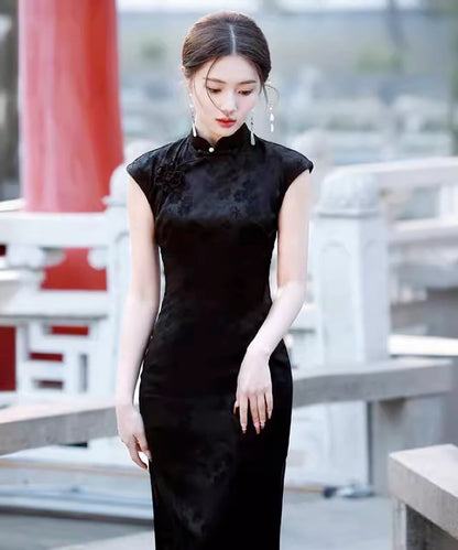 Edith Black Capsleeves Maxi Cheongsam