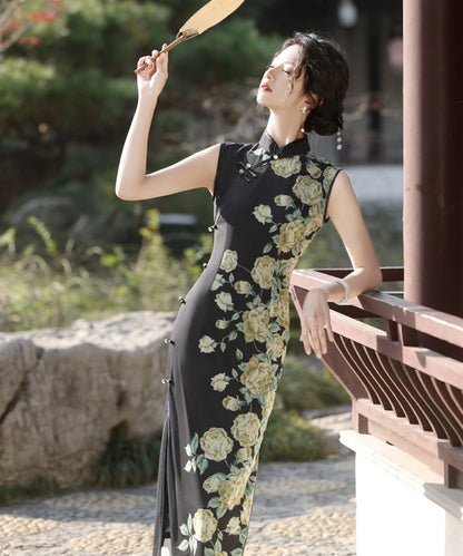 Cream Rose Sleeveless Maxi Cheongsam