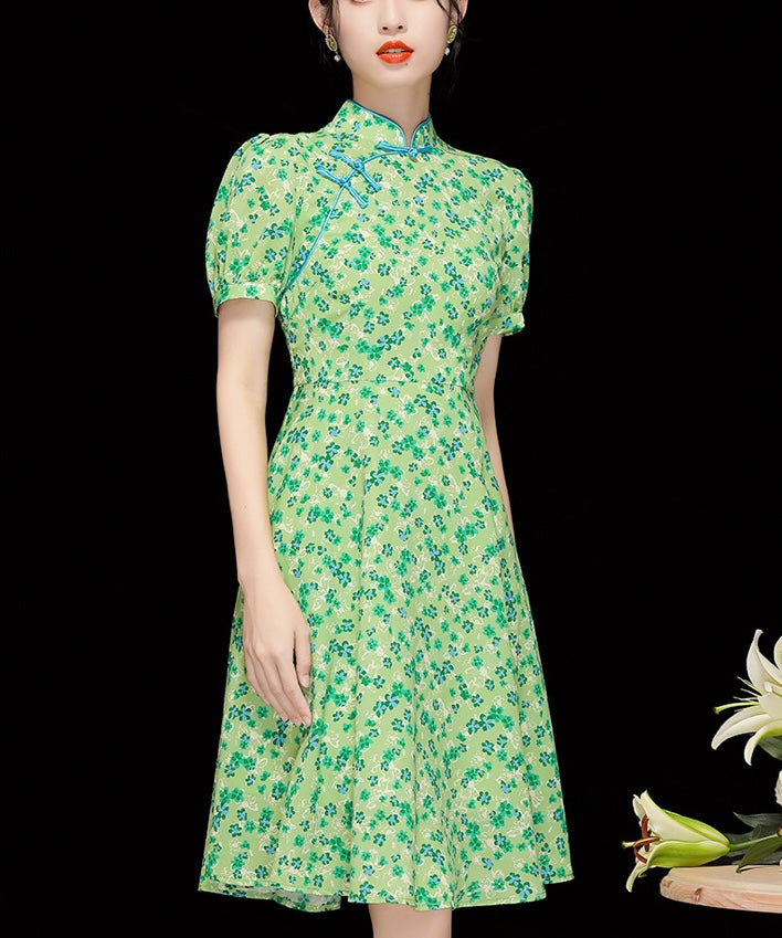 Chiffon Floral Puff Sleeve Cheongsam