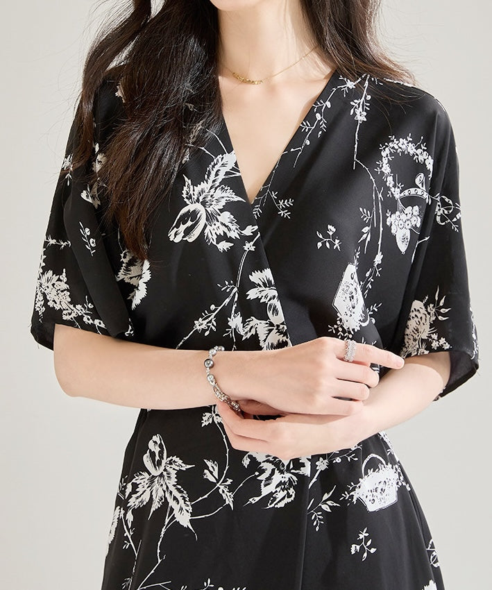 Black White V-neck Wrap-around Dress