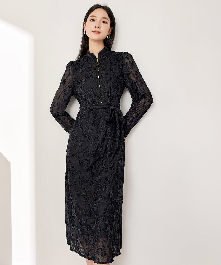 Lace Mandarin Collar Black Dress