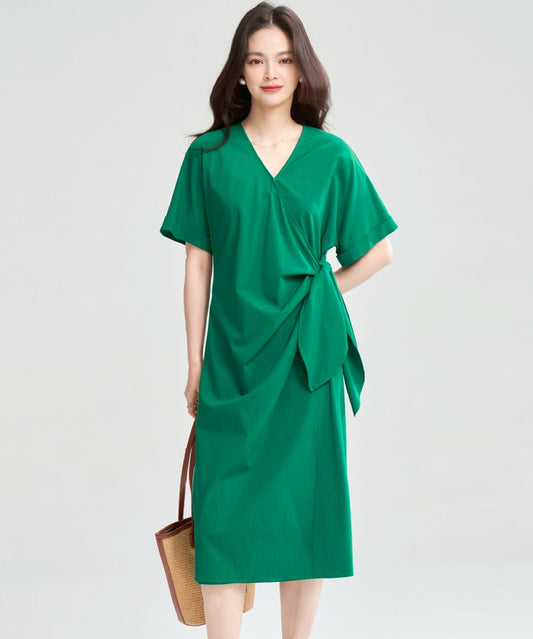 Summer Green V-neck Wrap-around Dress