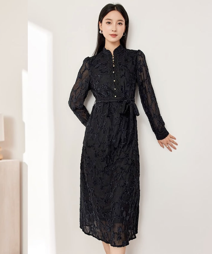 Lace Mandarin Collar Black Dress