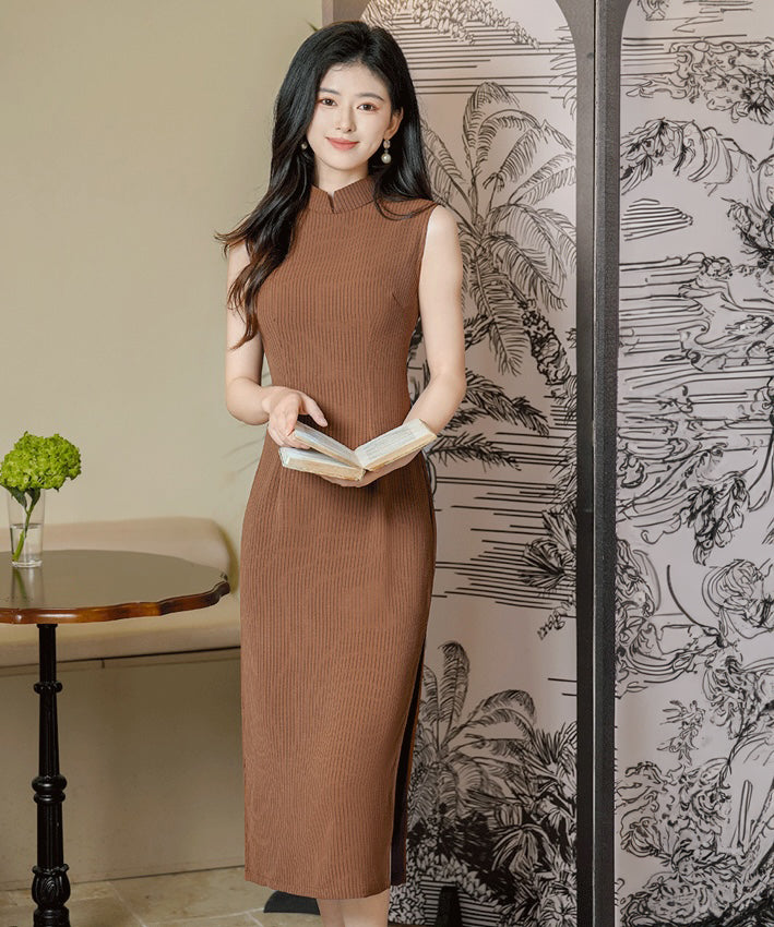 Cocoa Stripe Maxi Cheongsam