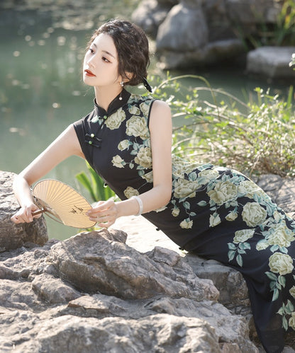 Cream Rose Sleeveless Maxi Cheongsam