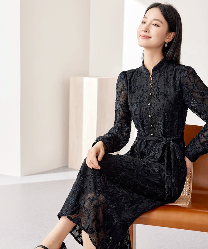 Lace Mandarin Collar Black Dress