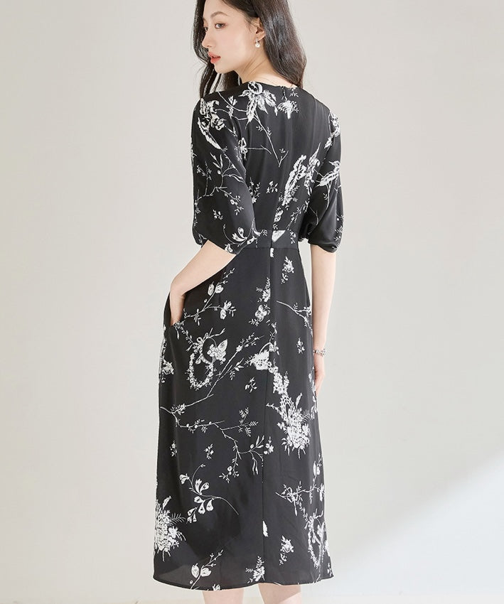 Black White V-neck Wrap-around Dress