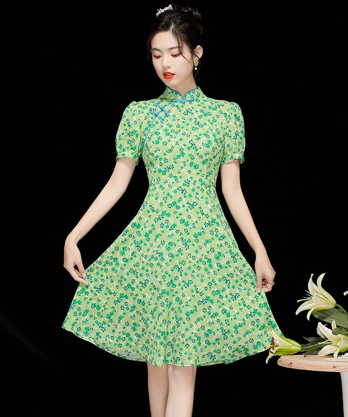 Chiffon Floral Puff Sleeve Cheongsam
