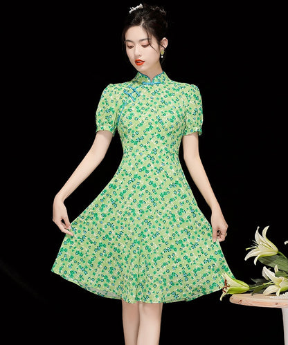 Chiffon Floral Puff Sleeve Cheongsam