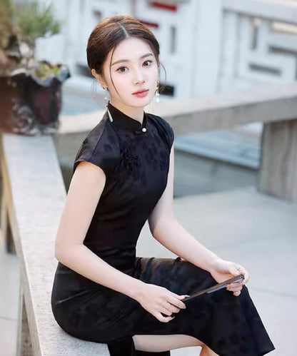 Edith Black Capsleeves Maxi Cheongsam