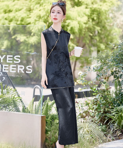 Maya Black Jacquard Oriental Vest Pants Set