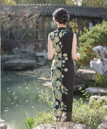 Cream Rose Sleeveless Maxi Cheongsam